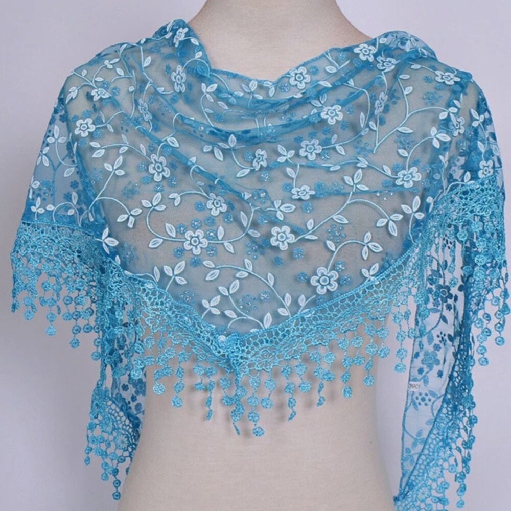 Lace Floral Pastel Print Triangle Veil Church Mantilla Scarf Shawl Wrap Tassel